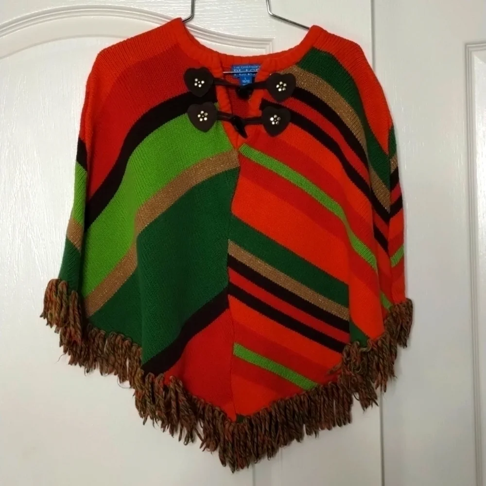The Childrens Place Girls size 10/12 orange beige green with fringe shawl/poncho